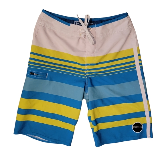 O'Neill Swim Oneill Hyperfreak Boardshorts Mens Swim Trunks Blue Green Striped Tie Front 26